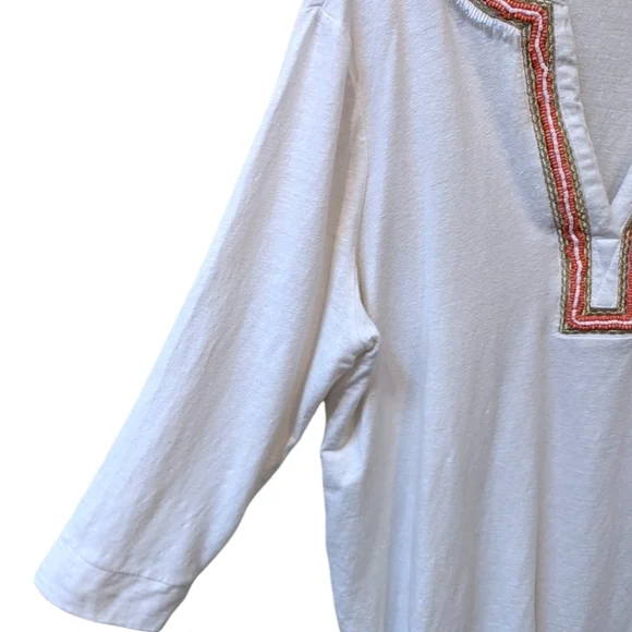 Chico's Beaded Embellished Notched Crew Neck 3/4 Sleeve White Linen Top (XL) - Picture 6 of 8